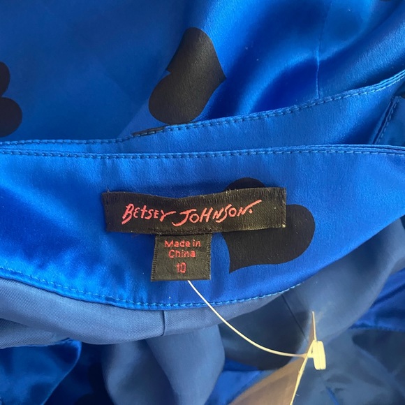 NWT Early 2000s Blue Satin Betsy Johnson Wrap dress w/ Black Hearts. Size 10 - Picture 6 of 9